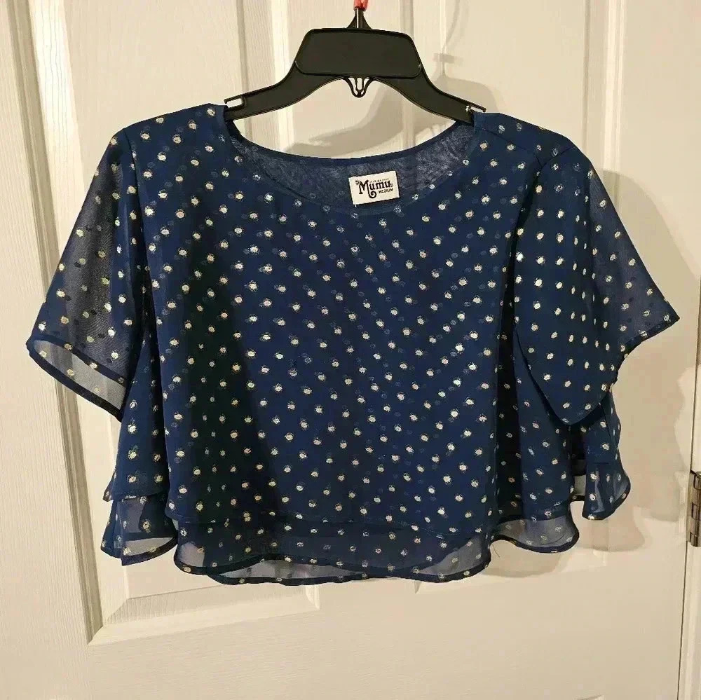 Show Me Your Mumu Top Goldie Dot Sheer Gold Blue Size M - flawed